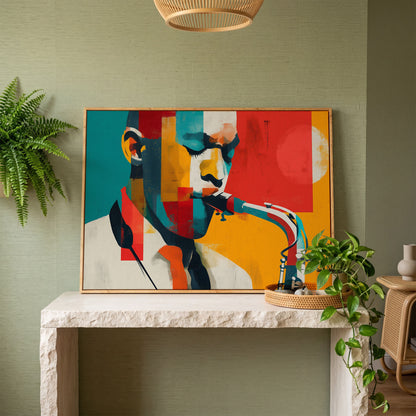 Abstract Saxophone Player Canvas Art, Cubist Jazz Portrait in white oak floating frame