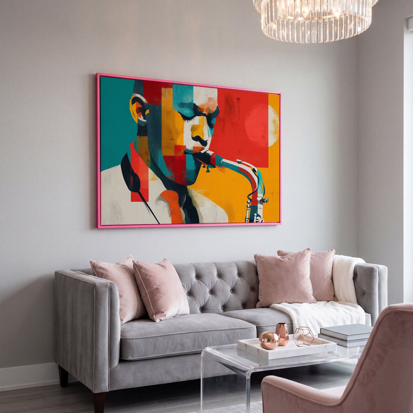 Abstract Saxophone Player Canvas Art, Cubist Jazz Portrait in pink floating frame