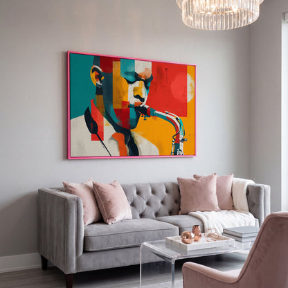 Abstract Saxophone Player Canvas Art, Cubist Jazz Portrait in pink floating frame