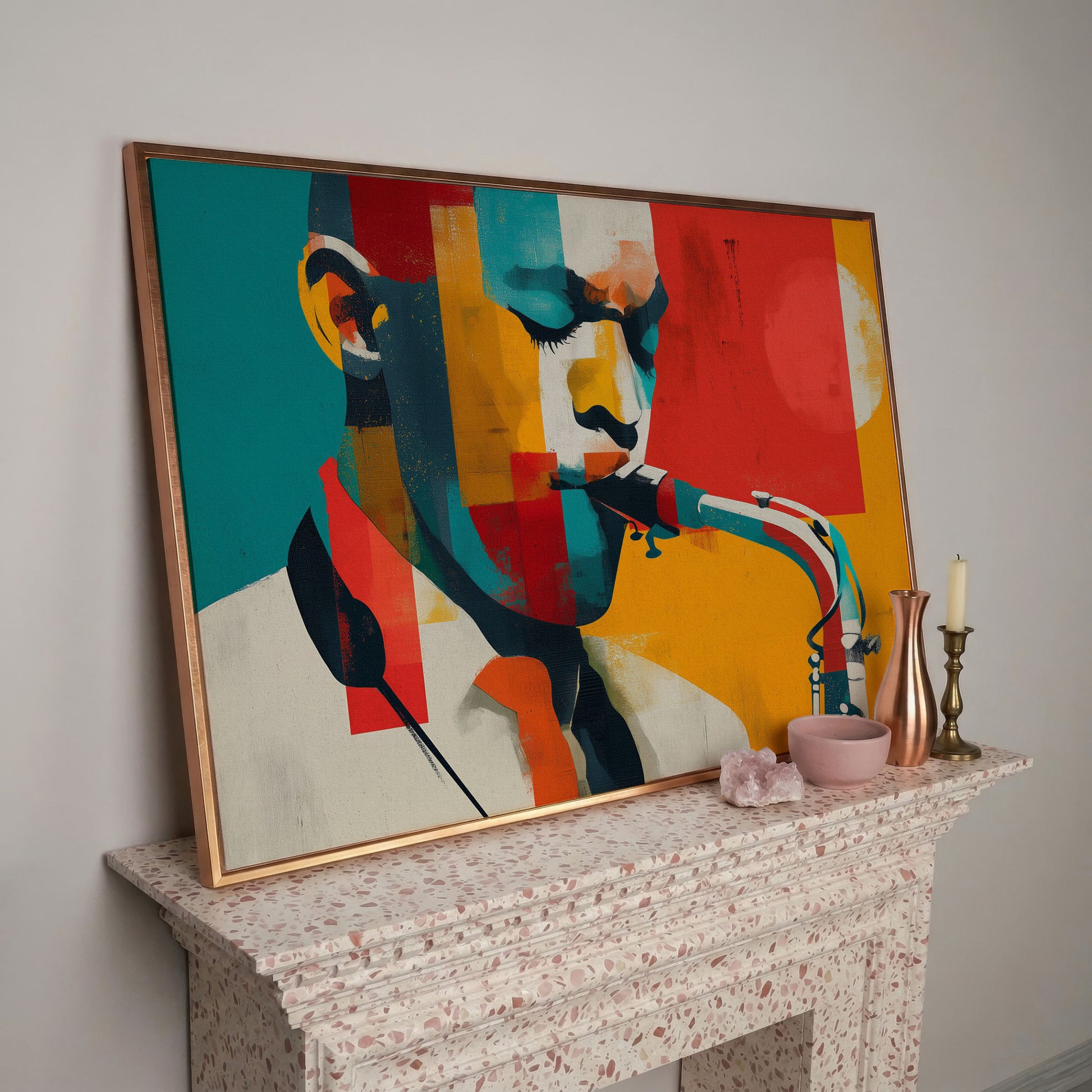 Abstract Saxophone Player Canvas Art, Cubist Jazz Portrait in rose gold floating frame