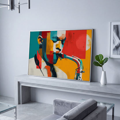 Abstract Saxophone Player Canvas Art, Cubist Jazz Portrait in silver floating frame
