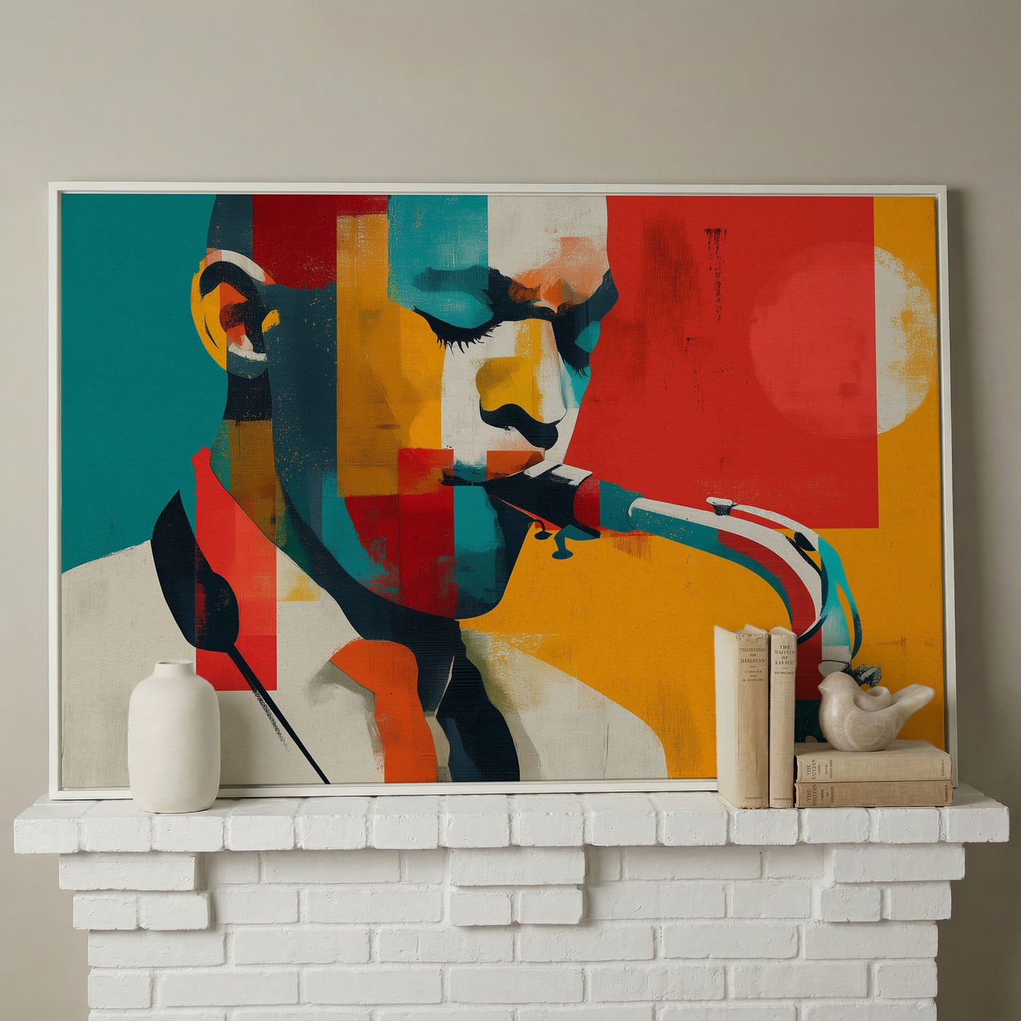 Abstract Saxophone Player Canvas Art, Cubist Jazz Portrait in white floating frame