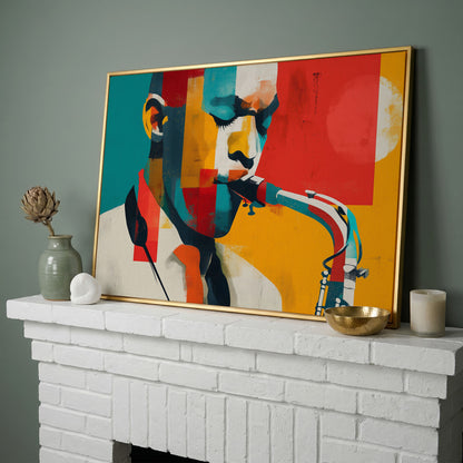 Abstract Saxophone Player Canvas Art, Cubist Jazz Portrait in yellow gold floating frame