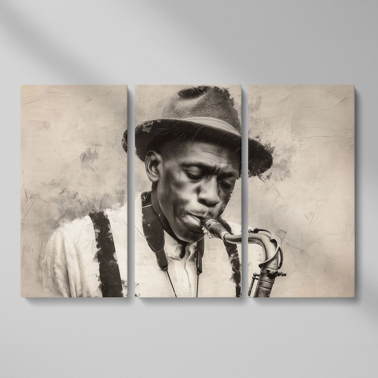 Saxophone Man in Fedora: Jazz Portrait Canvas Wall Art as 3-panel split version
