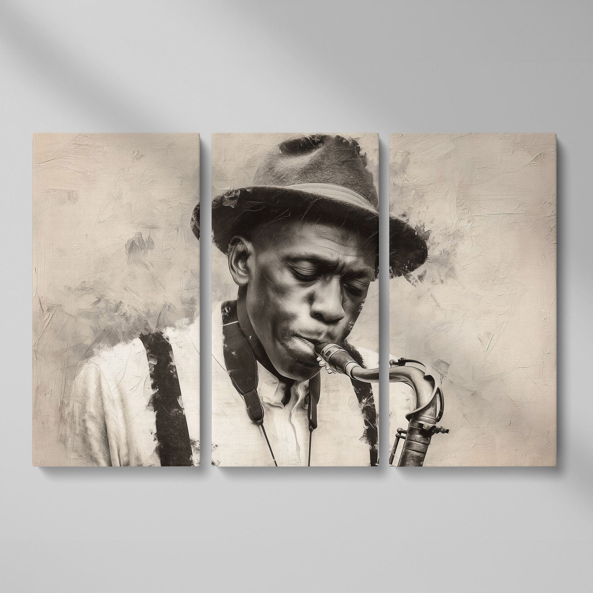 Saxophone Man in Fedora: Jazz Portrait Canvas Wall Art as 3-panel split version