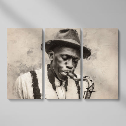 Saxophone Man in Fedora: Jazz Portrait Canvas Wall Art as 3-panel split version