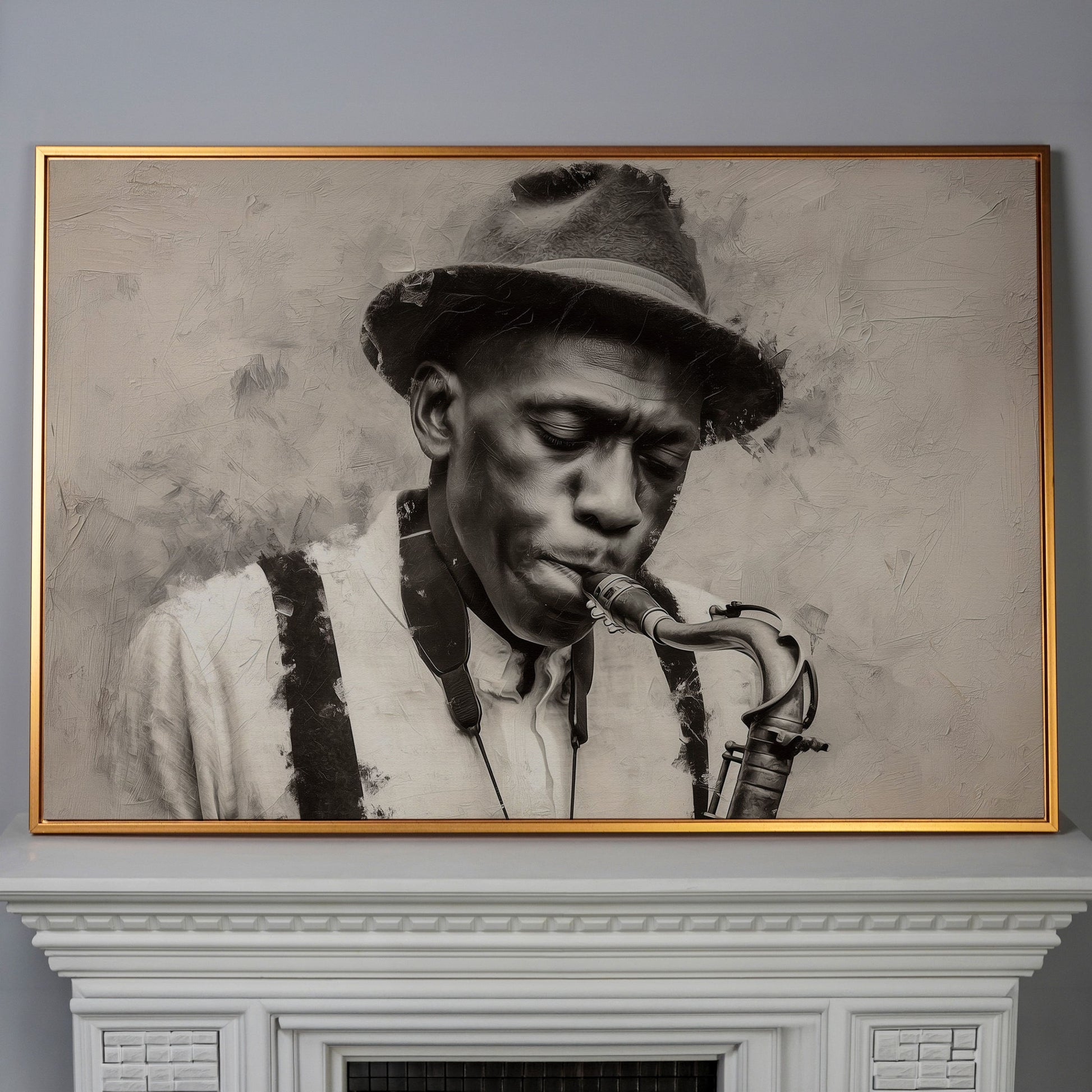 Saxophone Man in Fedora: Jazz Portrait Canvas Wall Art in antique gold floating frame