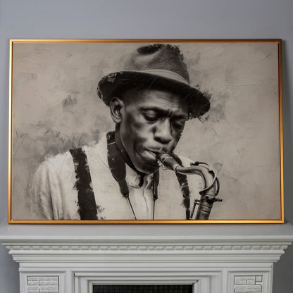 Saxophone Man in Fedora: Jazz Portrait Canvas Wall Art in antique gold floating frame