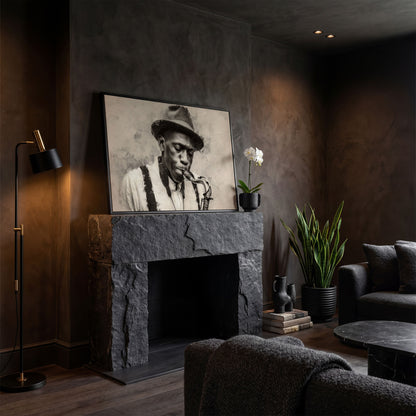 Saxophone Man in Fedora: Jazz Portrait Canvas Wall Art in black floating frame
