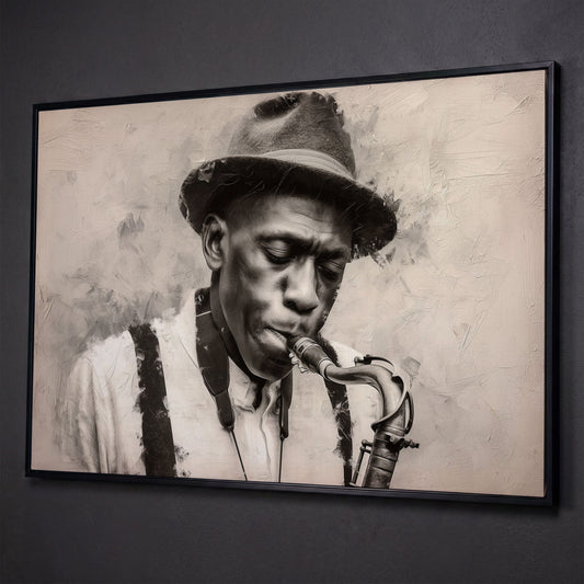 Saxophone Man in Fedora: Jazz Portrait Canvas Wall Art shown in black floating frame