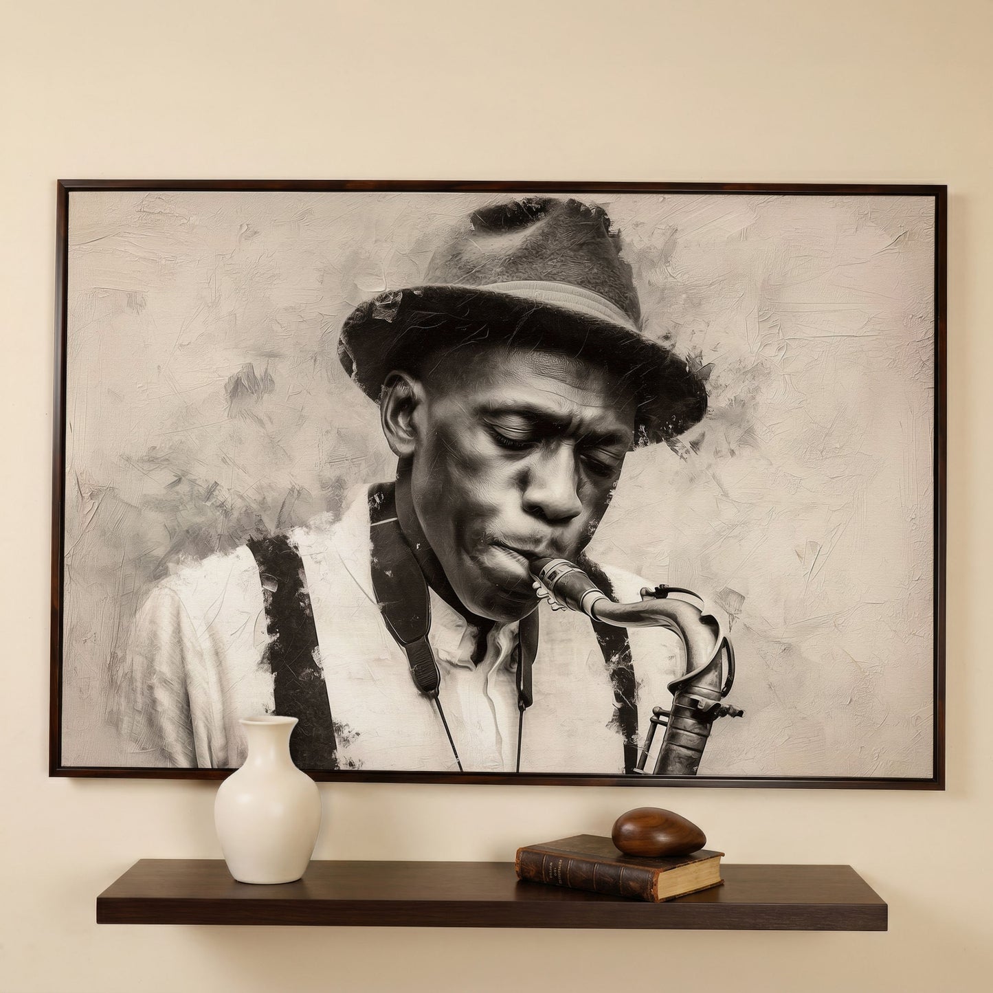 Saxophone Man in Fedora: Jazz Portrait Canvas Wall Art in dark walnut floating frame