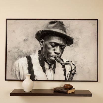 Saxophone Man in Fedora: Jazz Portrait Canvas Wall Art in dark walnut floating frame