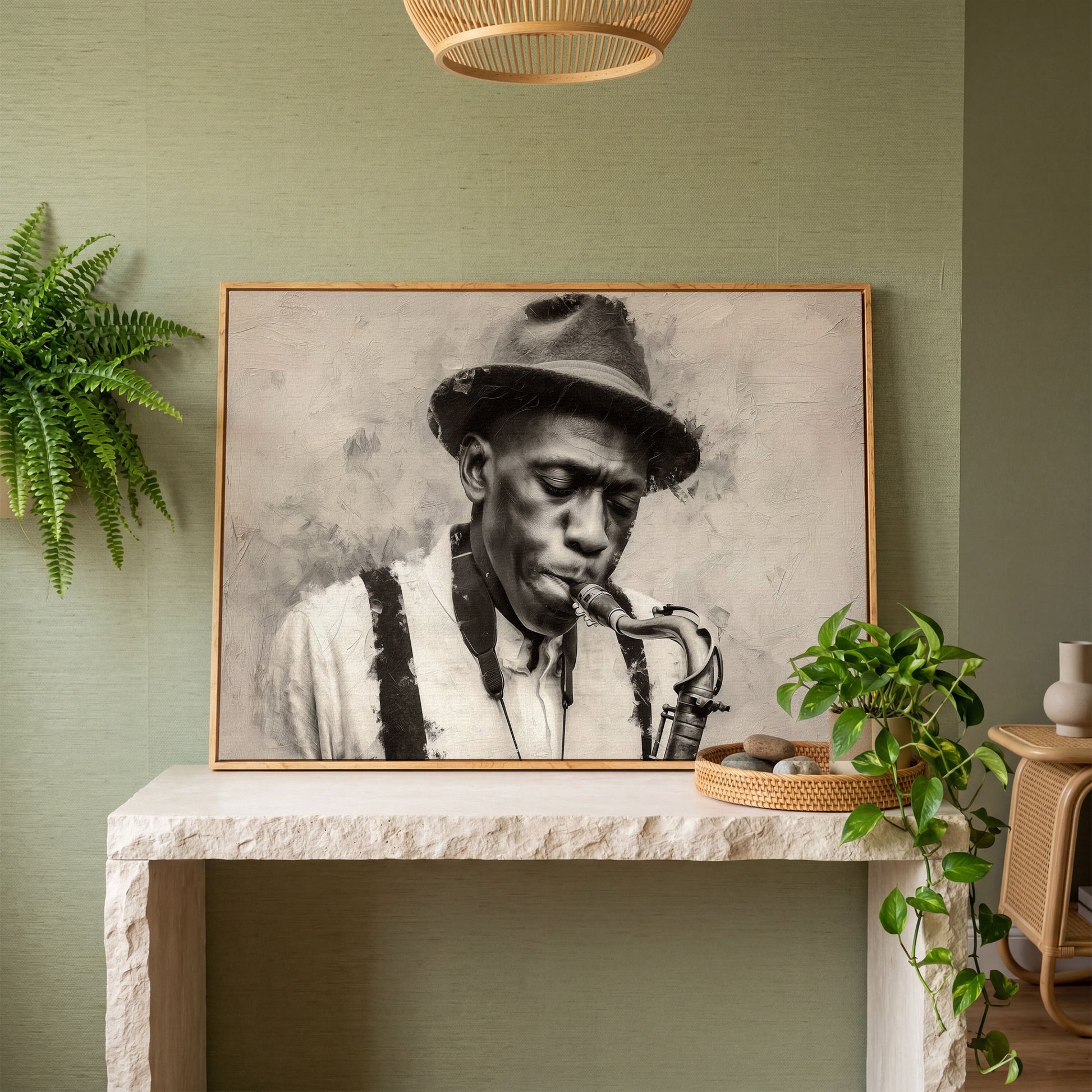 Saxophone Man in Fedora: Jazz Portrait Canvas Wall Art in white oak floating frame