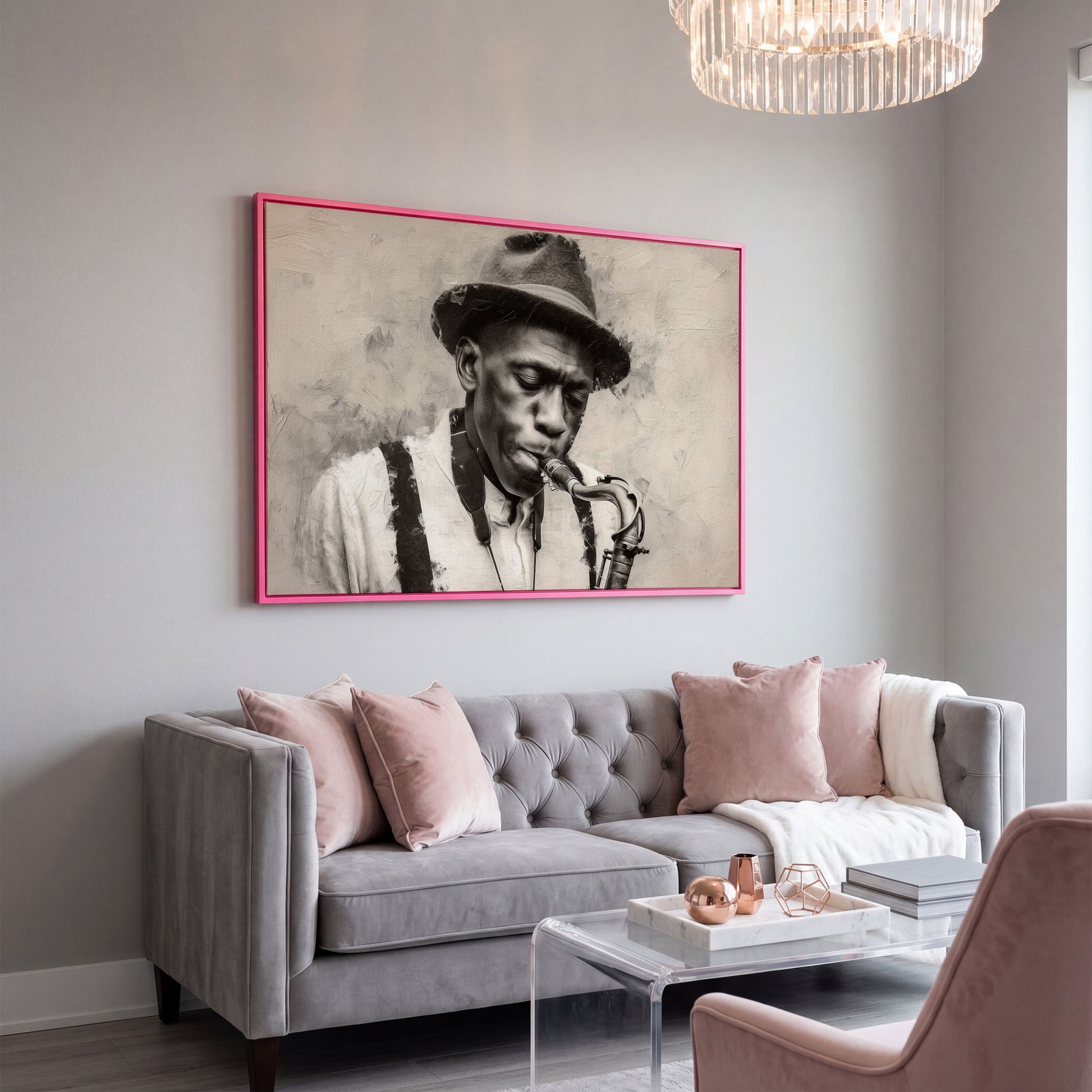 Saxophone Man in Fedora: Jazz Portrait Canvas Wall Art in pink floating frame