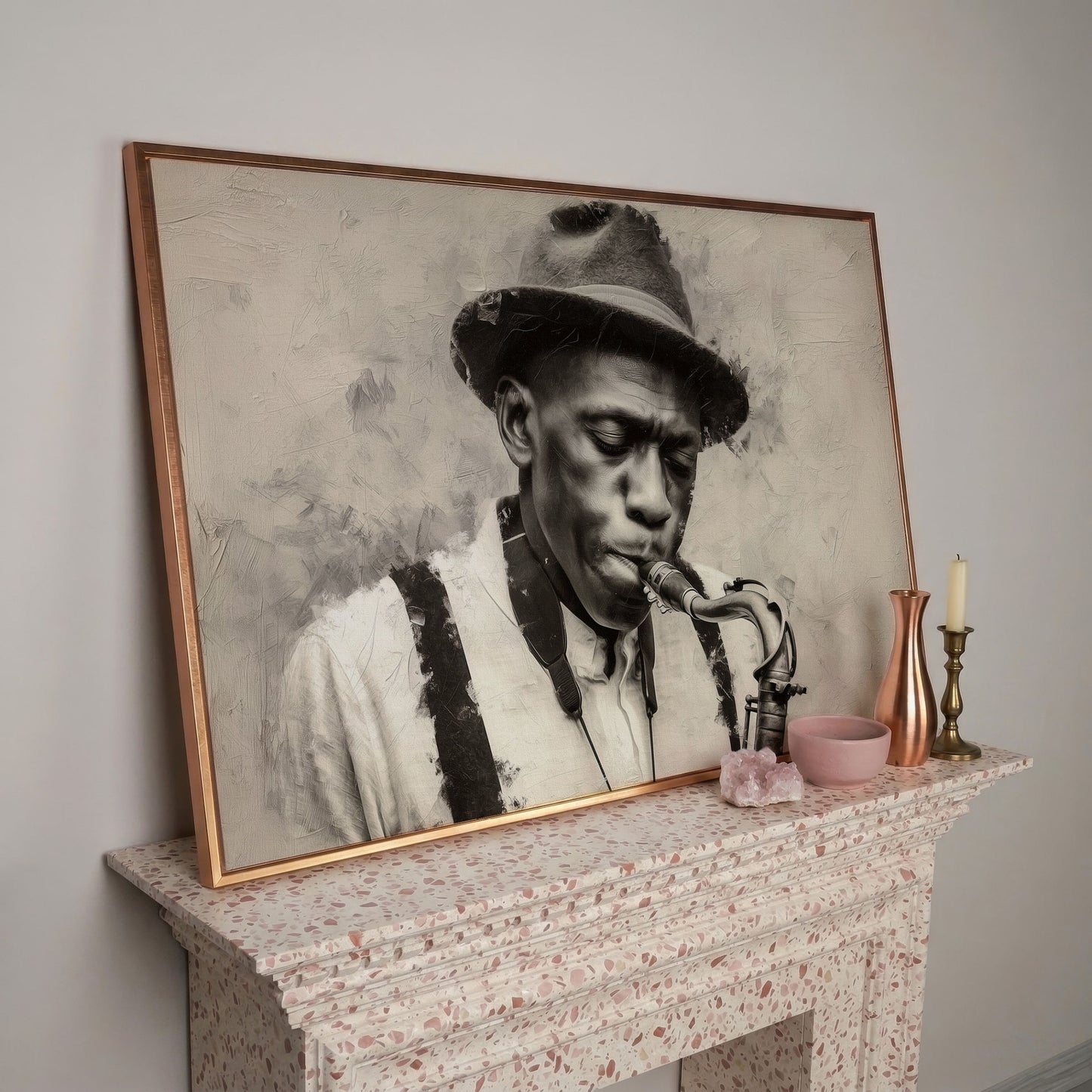 Saxophone Man in Fedora: Jazz Portrait Canvas Wall Art in rose gold floating frame