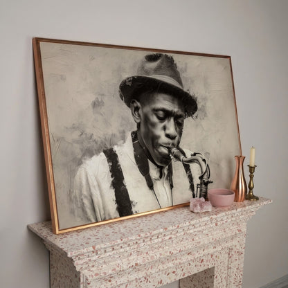 Saxophone Man in Fedora: Jazz Portrait Canvas Wall Art in rose gold floating frame