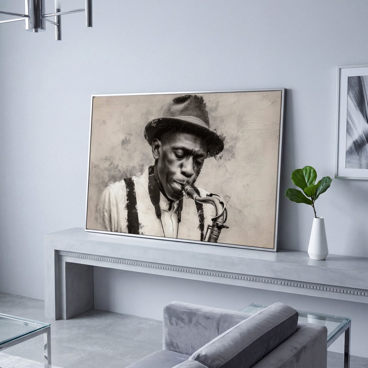 Saxophone Man in Fedora: Jazz Portrait Canvas Wall Art in silver floating frame