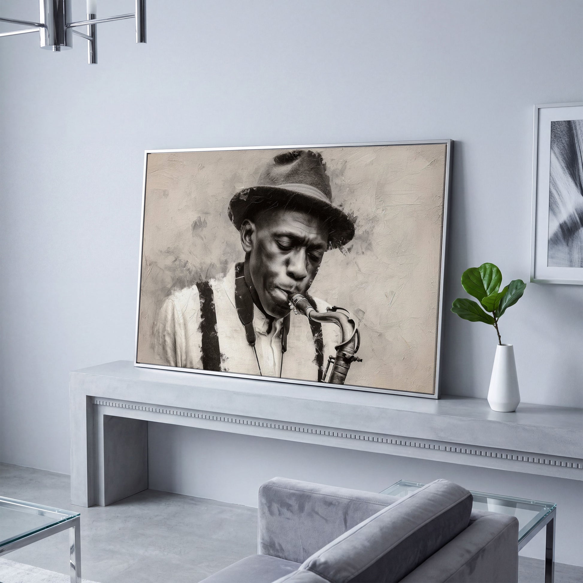 Saxophone Man in Fedora: Jazz Portrait Canvas Wall Art in silver floating frame