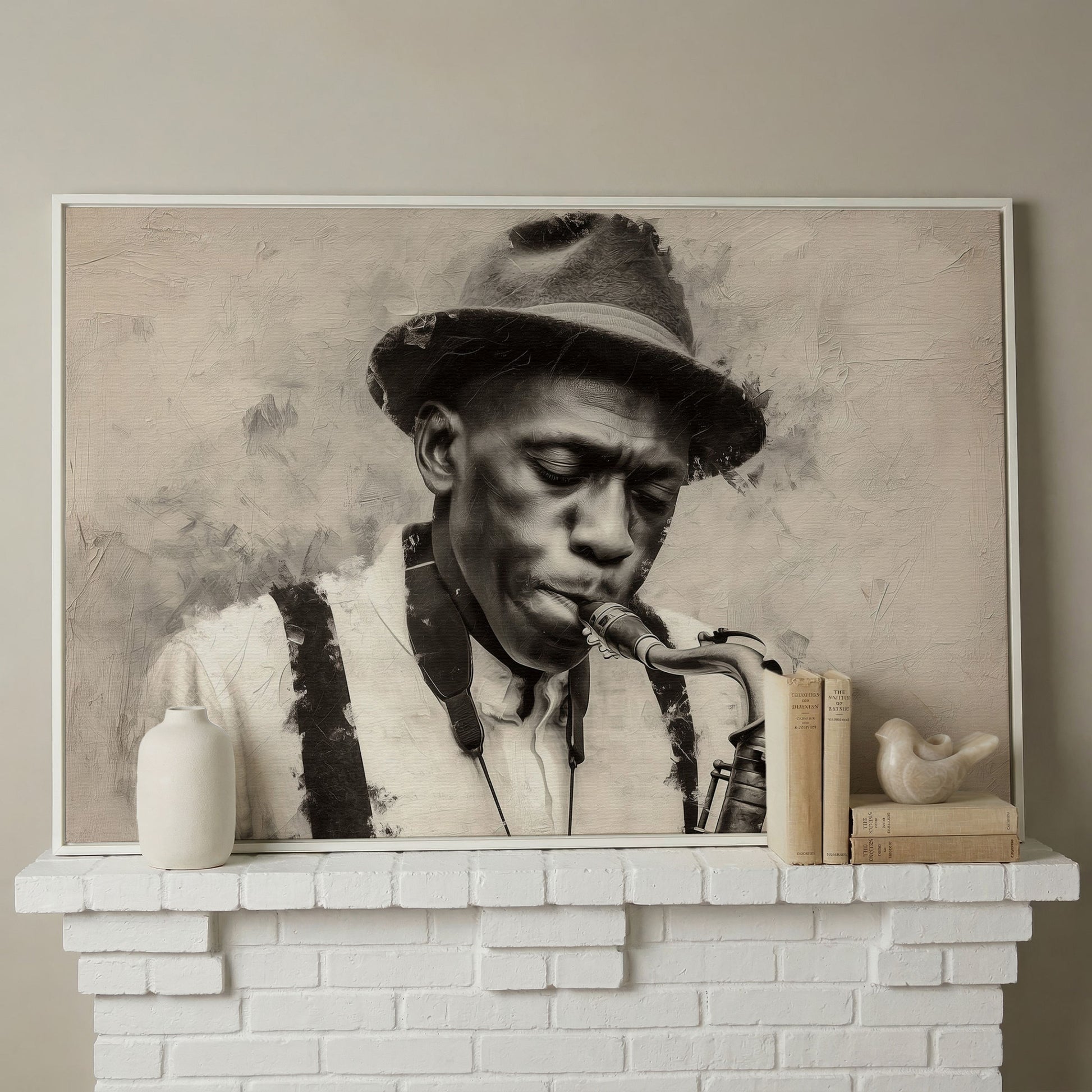 Saxophone Man in Fedora: Jazz Portrait Canvas Wall Art in white floating frame