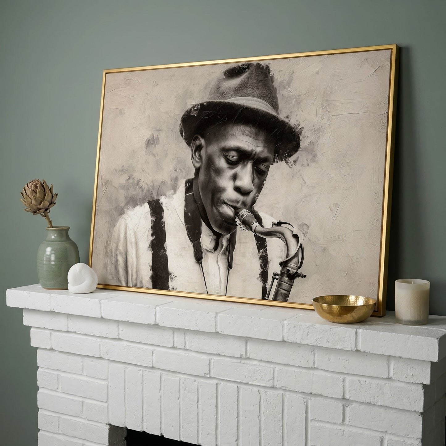 Saxophone Man in Fedora: Jazz Portrait Canvas Wall Art in yellow gold floating frame