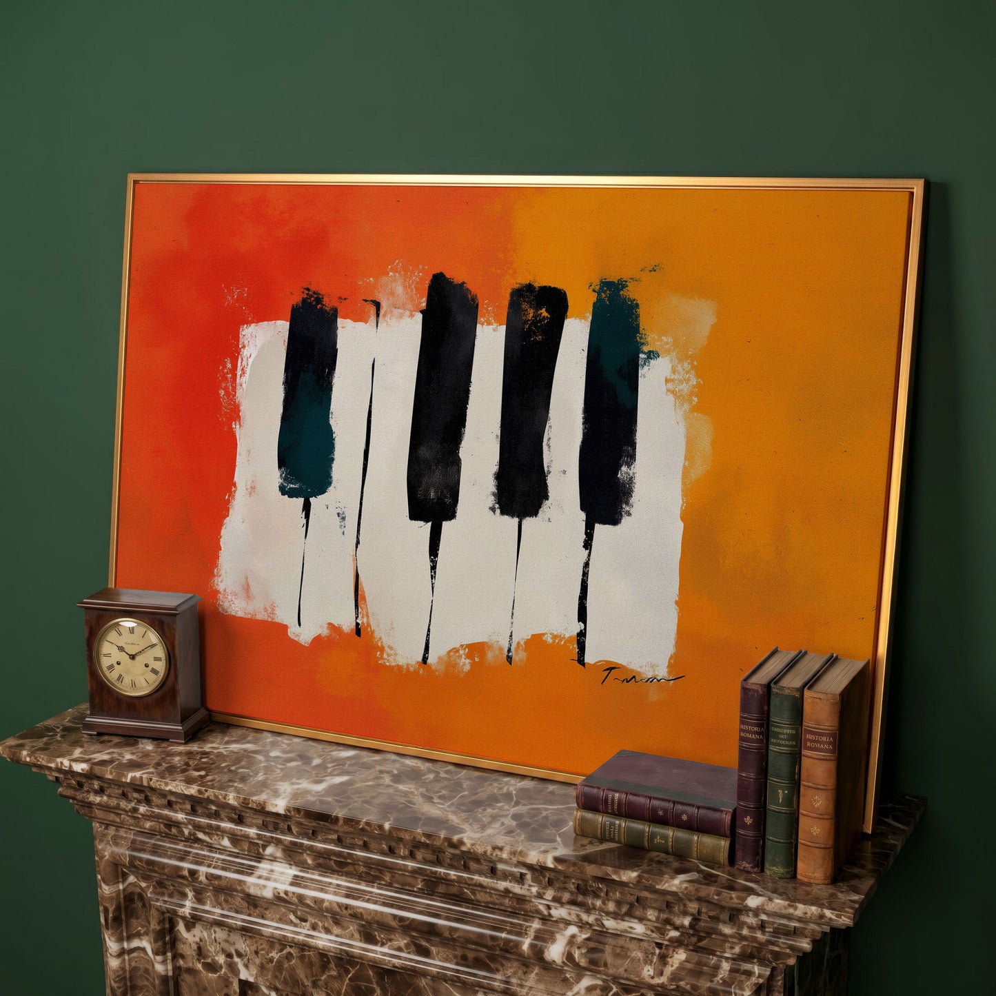Abstract Piano Keys Canvas Art in Burnt Orange and Black in antique gold floating frame
