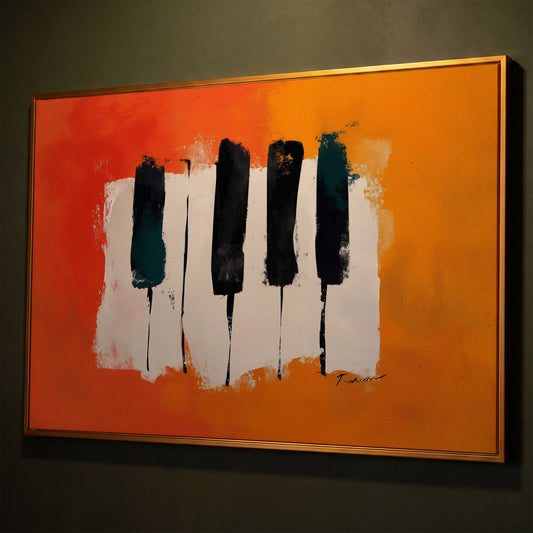 Abstract Piano Keys Canvas Art in Burnt Orange and Black shown in antique gold floating frame