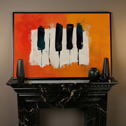 Abstract Piano Keys Canvas Art in Burnt Orange and Black in black floating frame