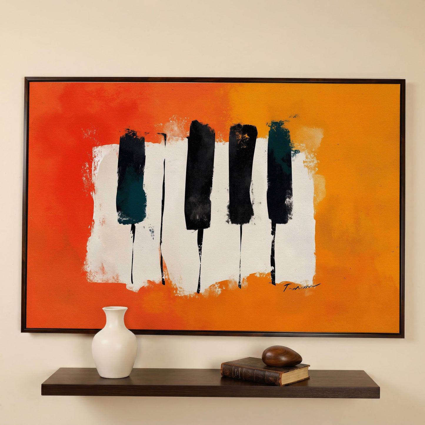 Abstract Piano Keys Canvas Art in Burnt Orange and Black in dark walnut floating frame