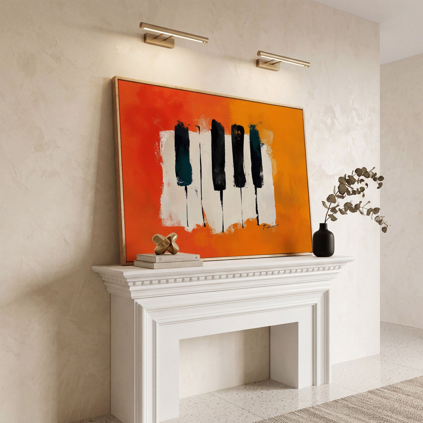 Abstract Piano Keys Canvas Art in Burnt Orange and Black in white oak floating frame