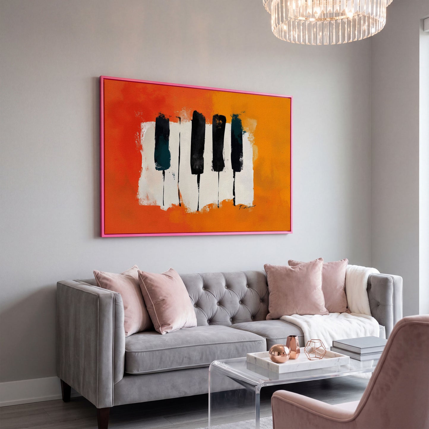 Abstract Piano Keys Canvas Art in Burnt Orange and Black in pink floating frame
