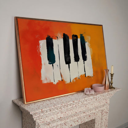 Abstract Piano Keys Canvas Art in Burnt Orange and Black in rose gold floating frame