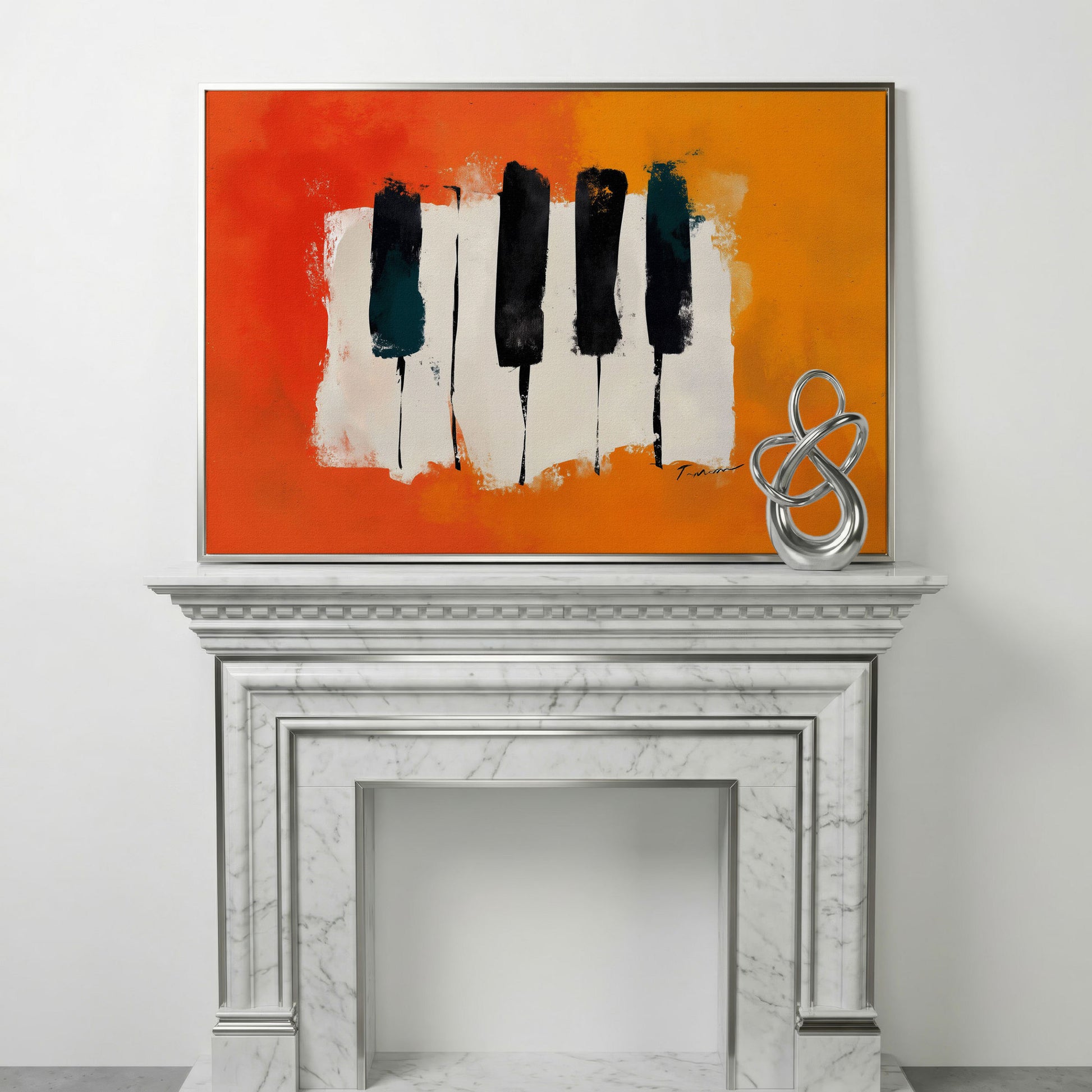 Abstract Piano Keys Canvas Art in Burnt Orange and Black in silver floating frame