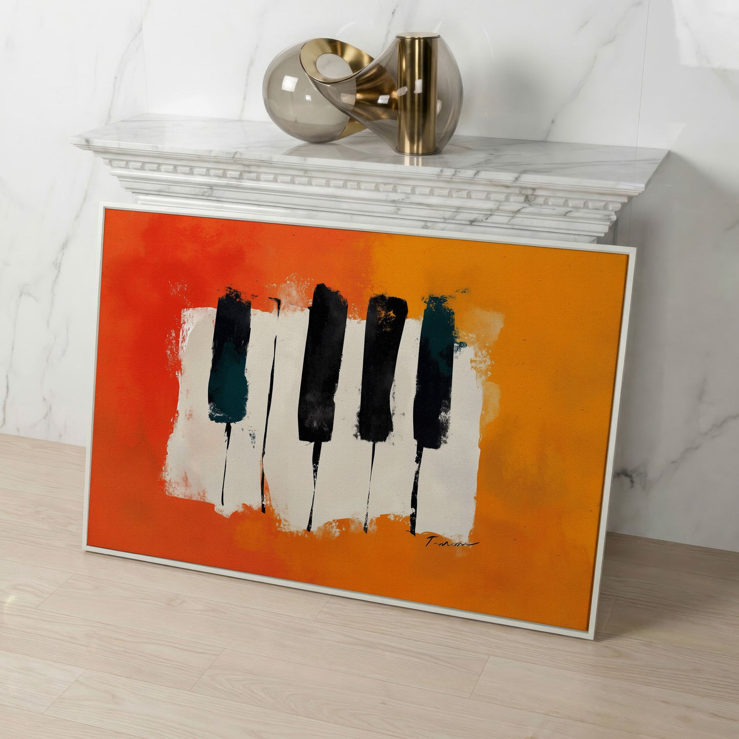 Abstract Piano Keys Canvas Art in Burnt Orange and Black in white floating frame