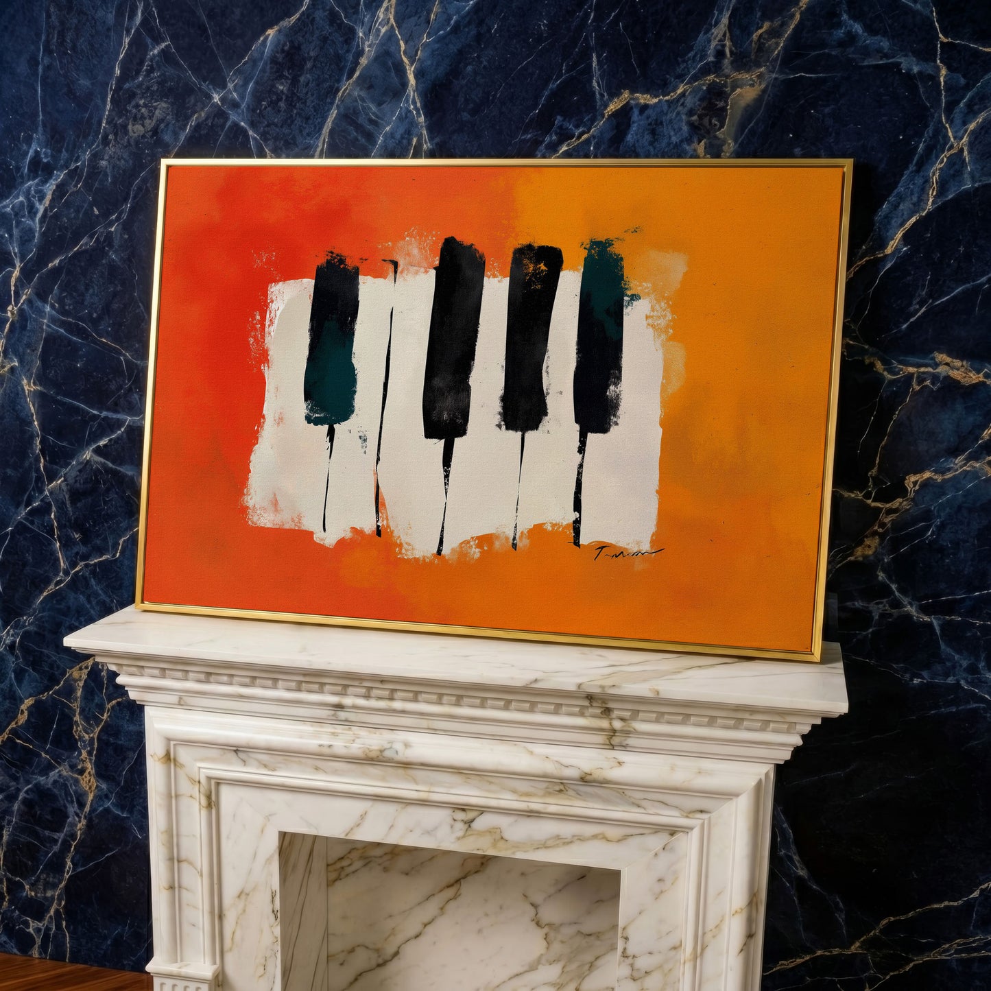 Abstract Piano Keys Canvas Art in Burnt Orange and Black in yellow gold floating frame