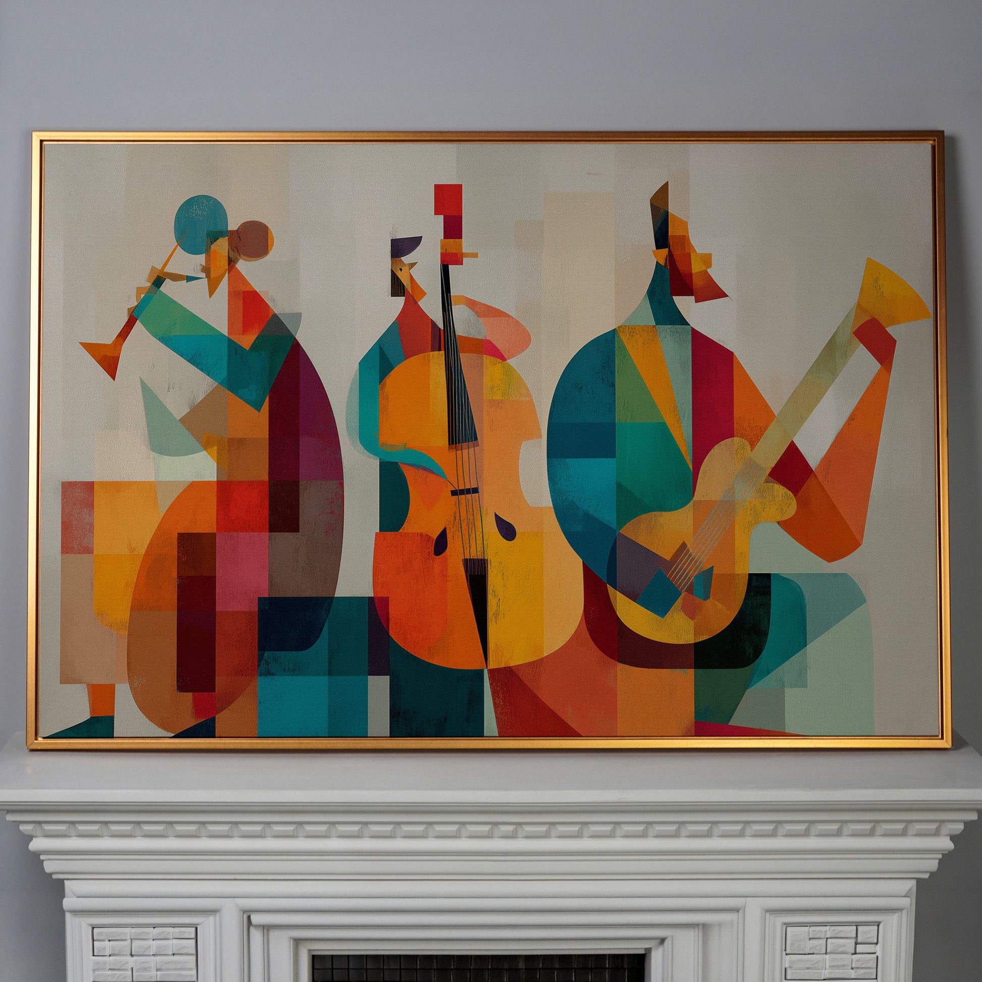 Jazz Trio in Motion: Trumpet, Cello and Guitar Abstract Canvas in antique gold floating frame
