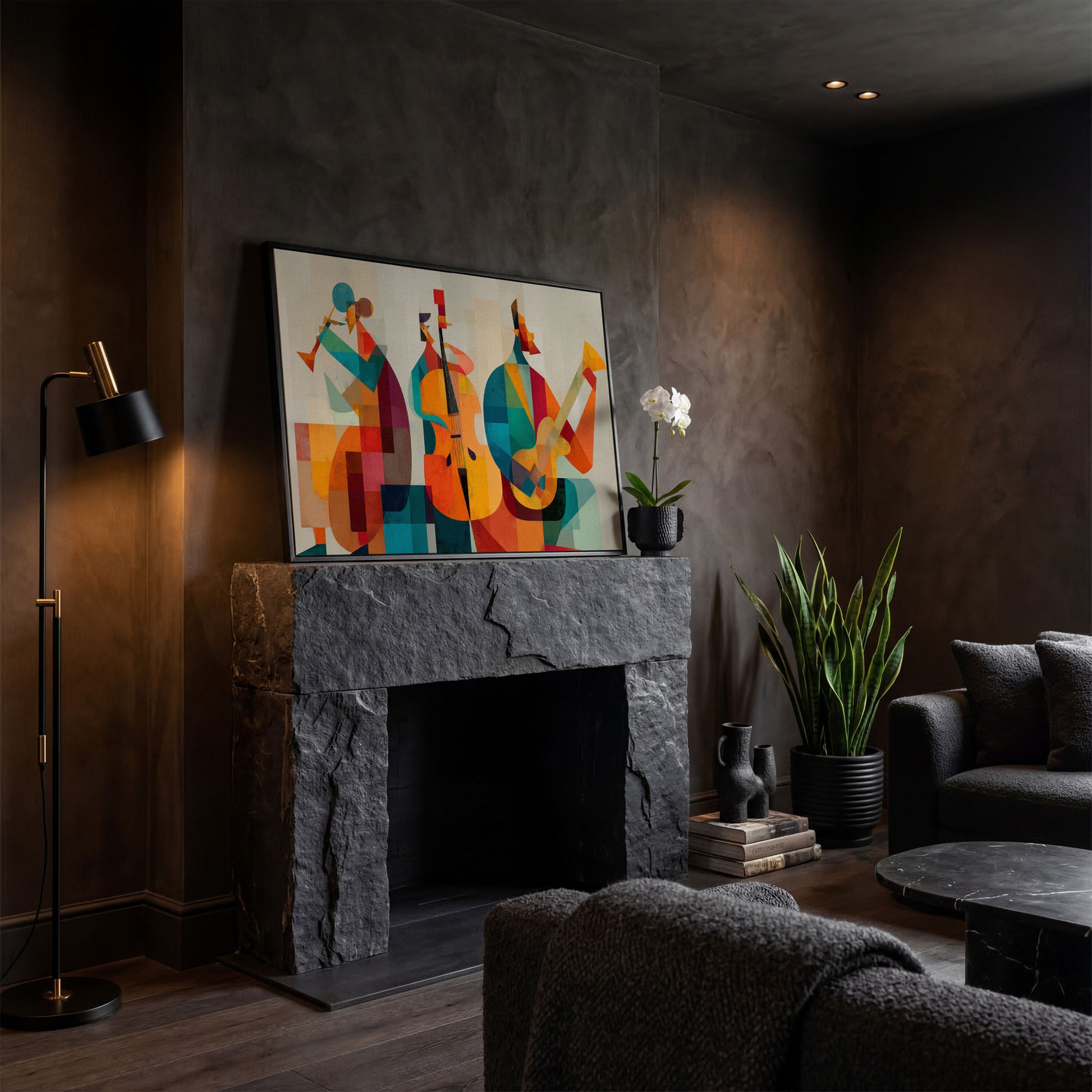Jazz Trio in Motion: Trumpet, Cello and Guitar Abstract Canvas in black floating frame