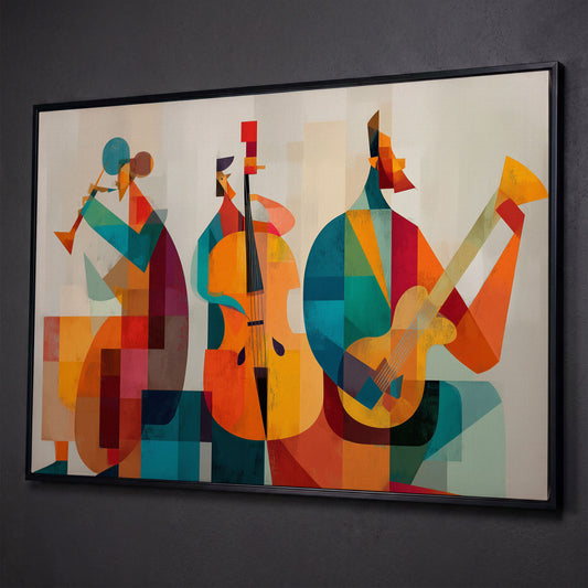 Jazz Trio in Motion: Trumpet, Cello and Guitar Abstract Canvas shown in black floating frame