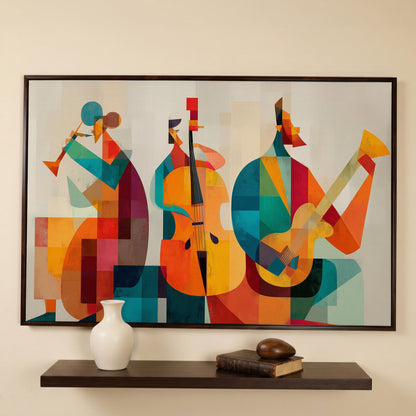 Jazz Trio in Motion: Trumpet, Cello and Guitar Abstract Canvas in dark walnut floating frame