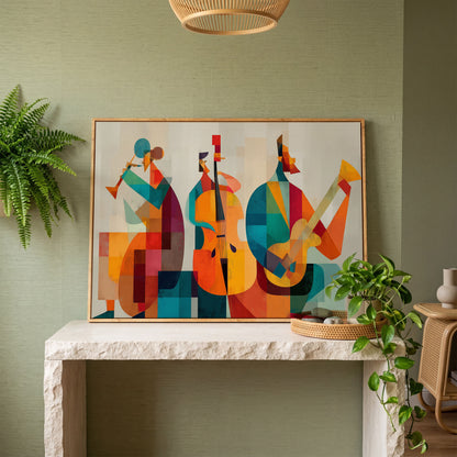 Jazz Trio in Motion: Trumpet, Cello and Guitar Abstract Canvas in white oak floating frame