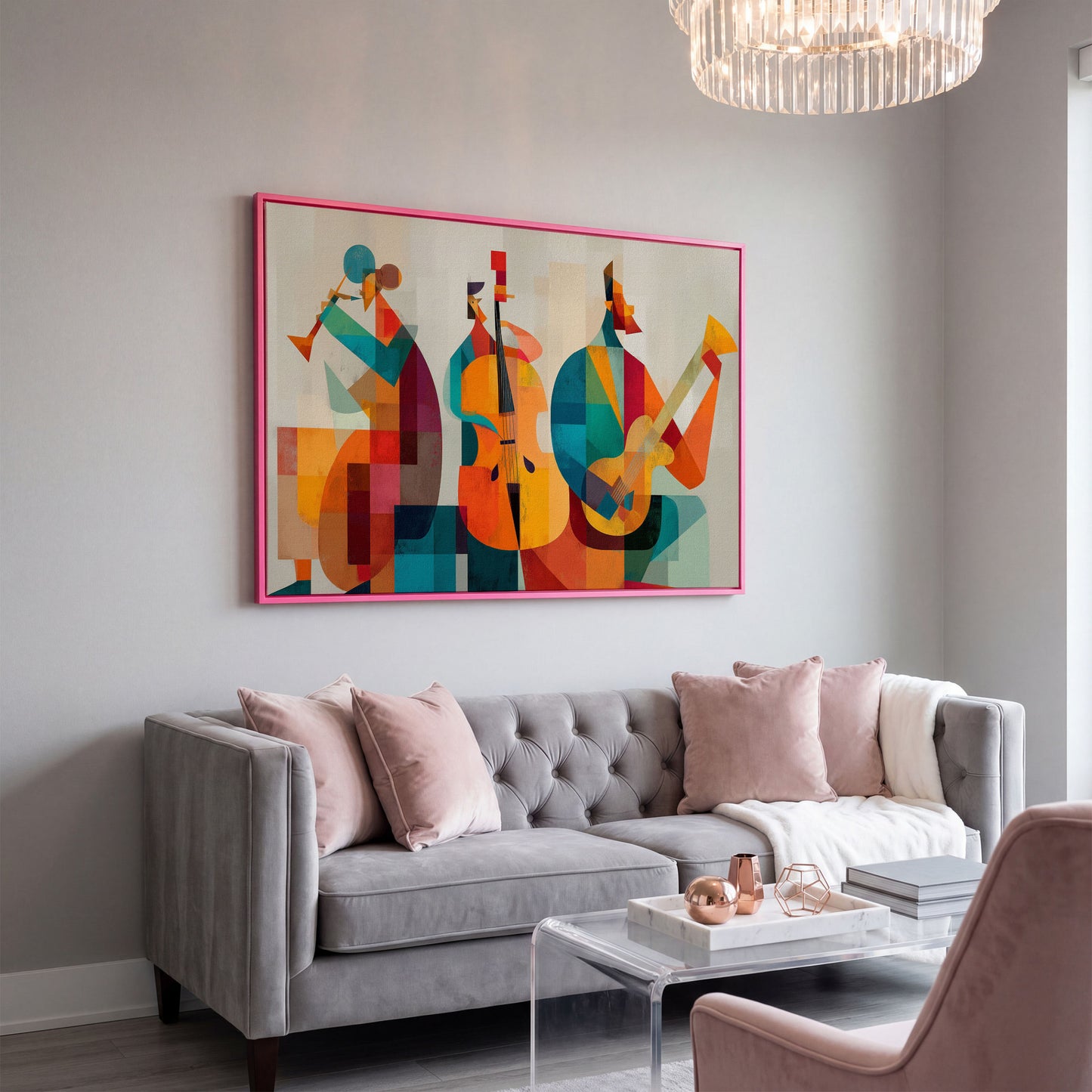 Jazz Trio in Motion: Trumpet, Cello and Guitar Abstract Canvas in pink floating frame