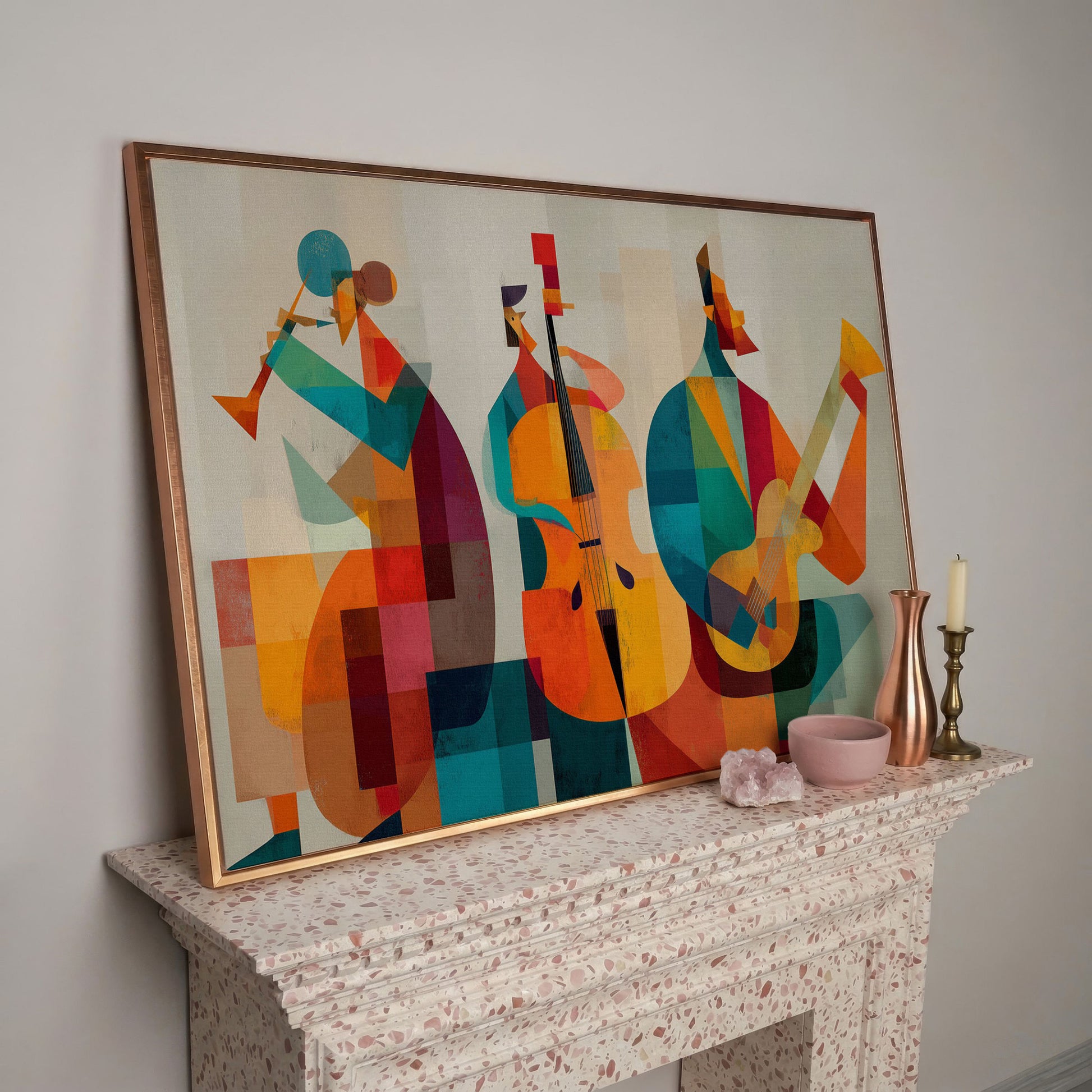 Jazz Trio in Motion: Trumpet, Cello and Guitar Abstract Canvas in rose gold floating frame