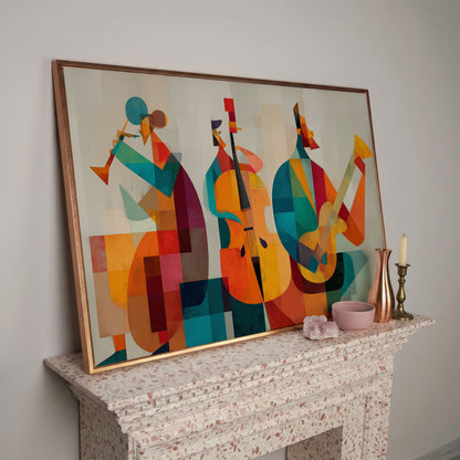 Jazz Trio in Motion: Trumpet, Cello and Guitar Abstract Canvas in rose gold floating frame