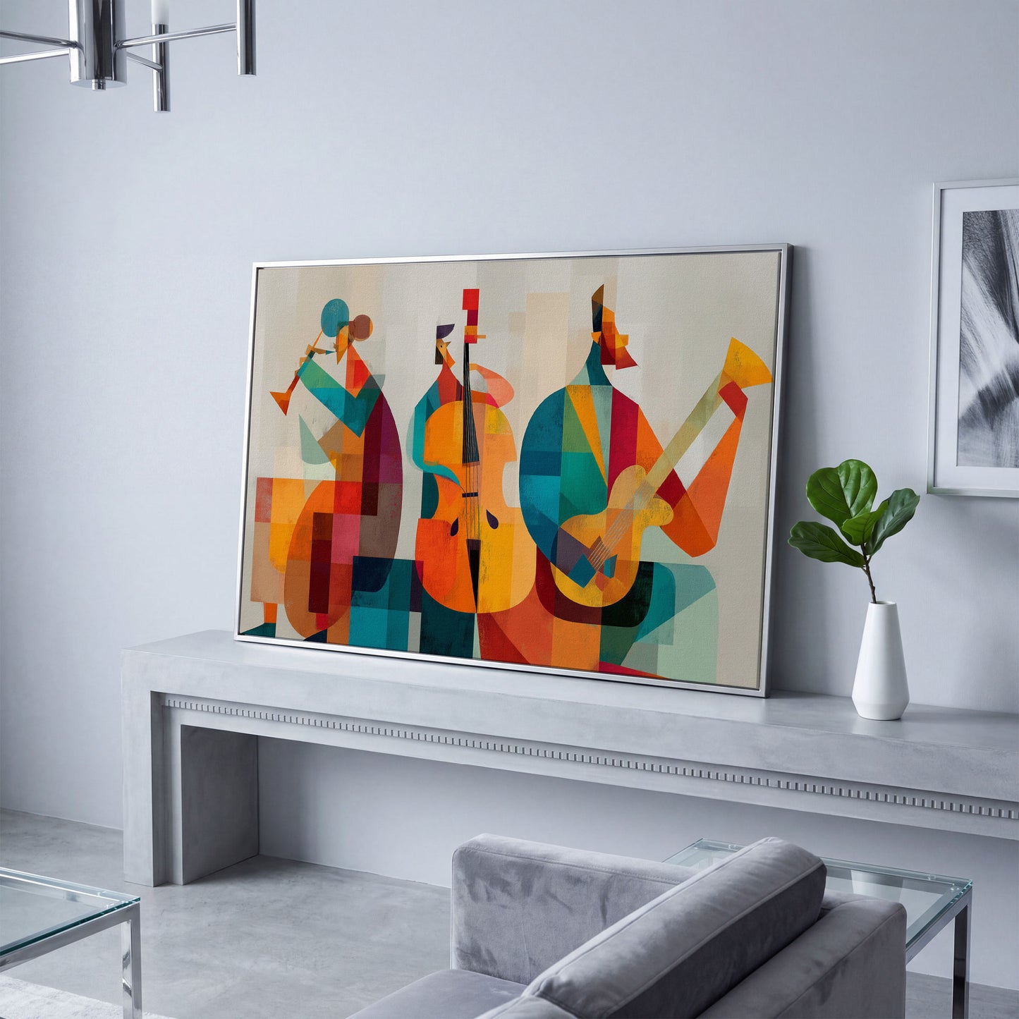 Jazz Trio in Motion: Trumpet, Cello and Guitar Abstract Canvas in silver floating frame
