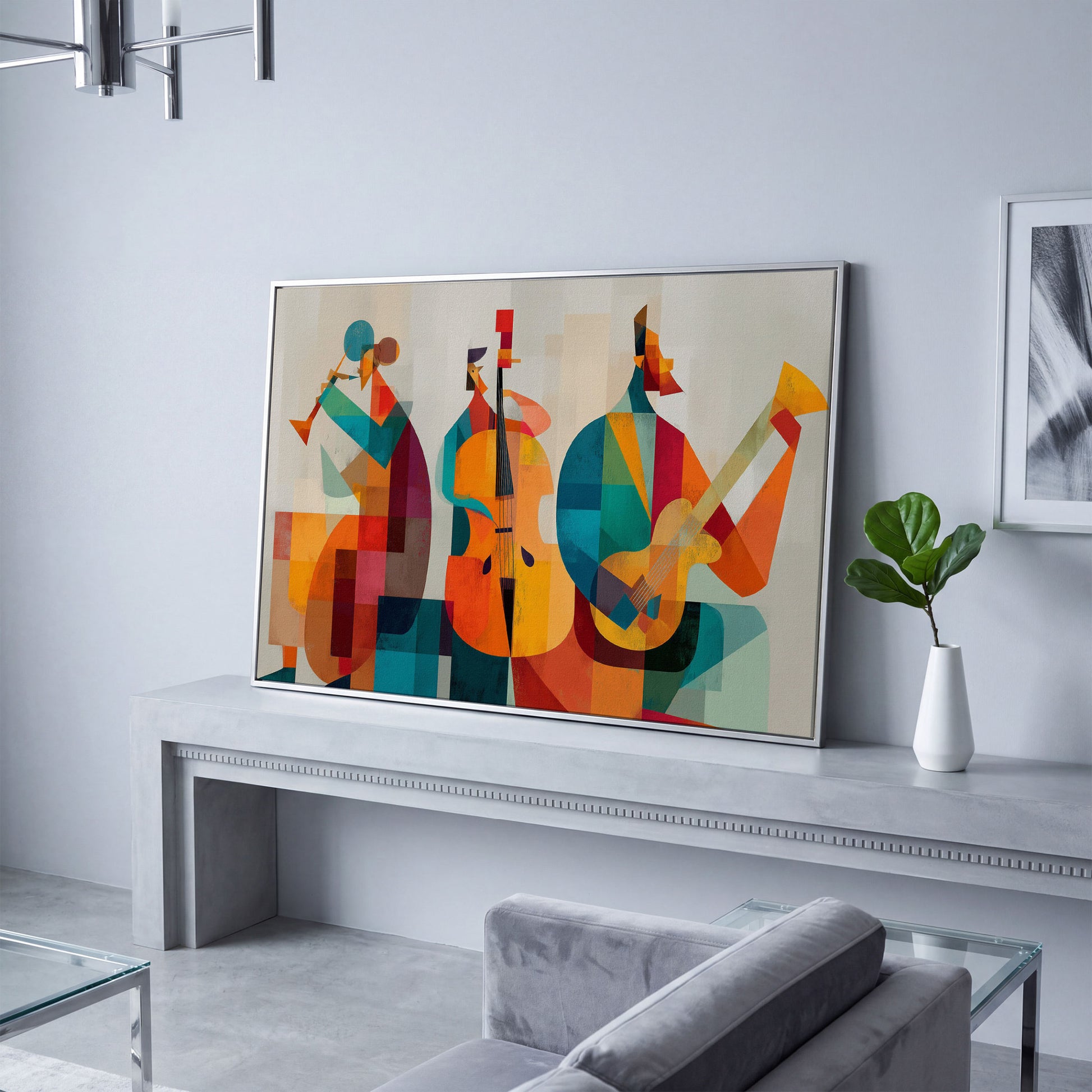 Jazz Trio in Motion: Trumpet, Cello and Guitar Abstract Canvas in silver floating frame