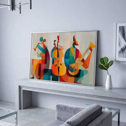 Jazz Trio in Motion: Trumpet, Cello and Guitar Abstract Canvas in silver floating frame
