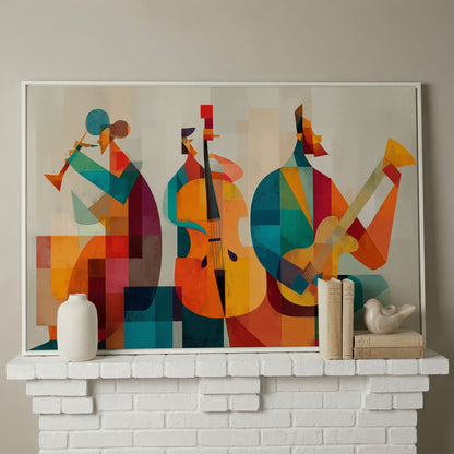 Jazz Trio in Motion: Trumpet, Cello and Guitar Abstract Canvas in white floating frame