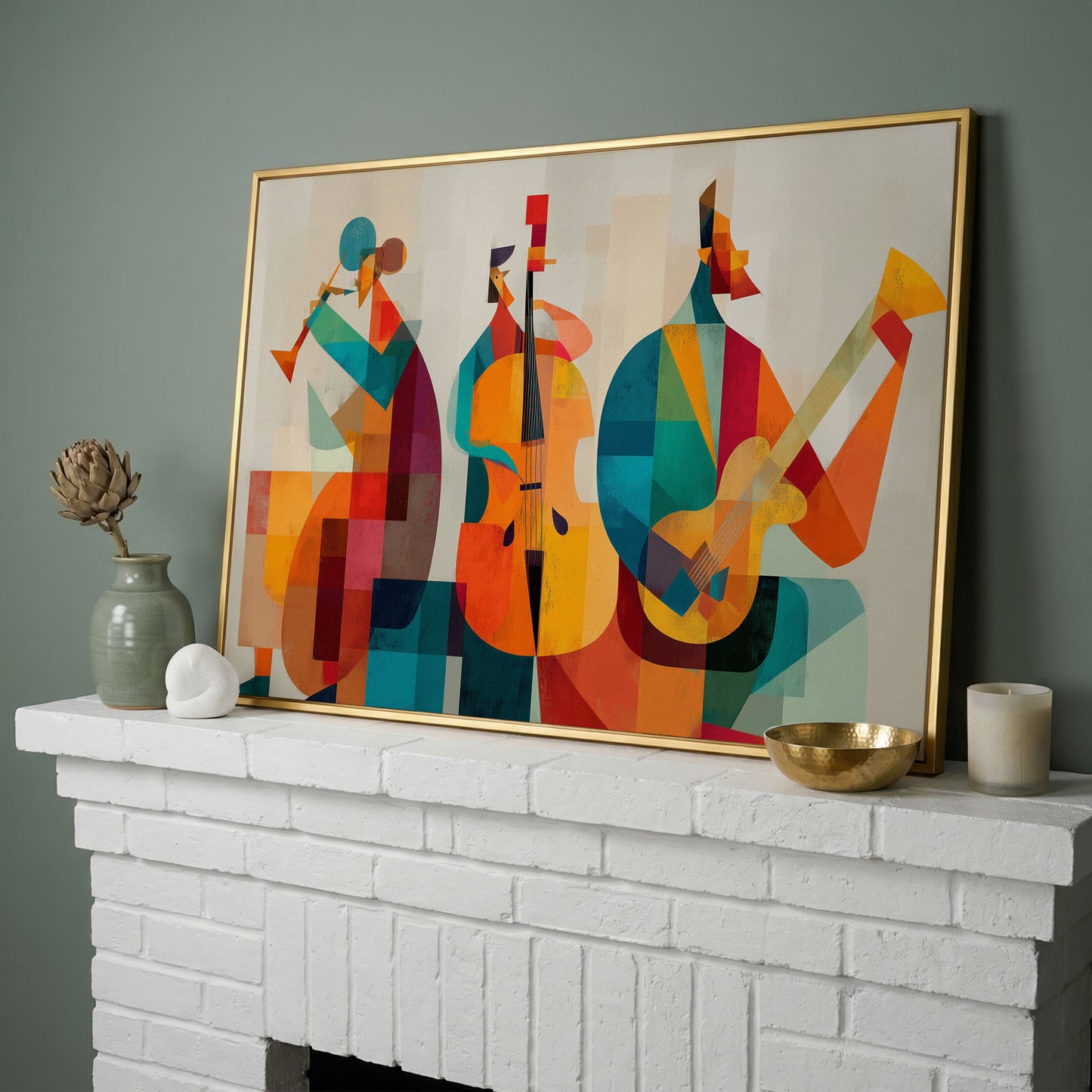 Jazz Trio in Motion: Trumpet, Cello and Guitar Abstract Canvas in yellow gold floating frame