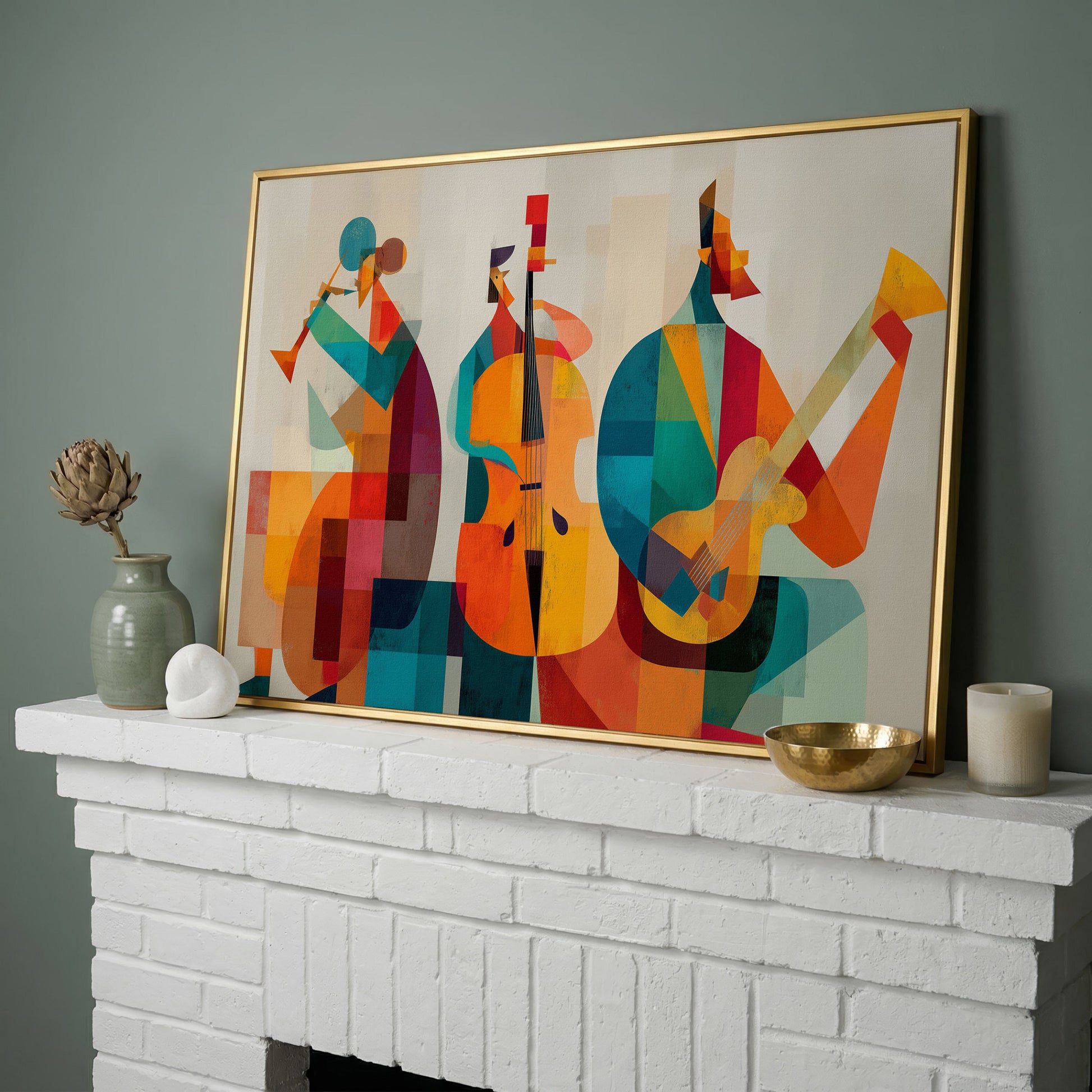 Jazz Trio in Motion: Trumpet, Cello and Guitar Abstract Canvas in yellow gold floating frame