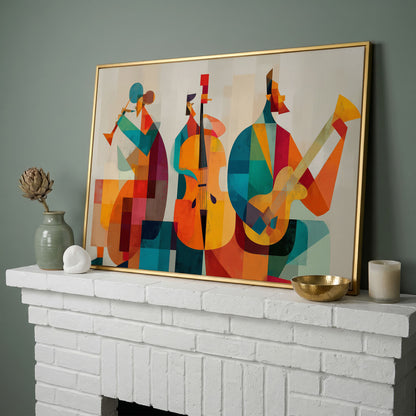 Jazz Trio in Motion: Trumpet, Cello and Guitar Abstract Canvas in yellow gold floating frame