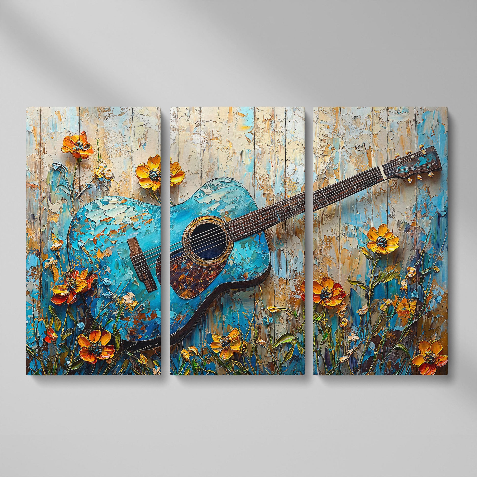 Acoustic Guitar and Flowers Canvas Wall Art. Music Room Decor as 3-panel split version